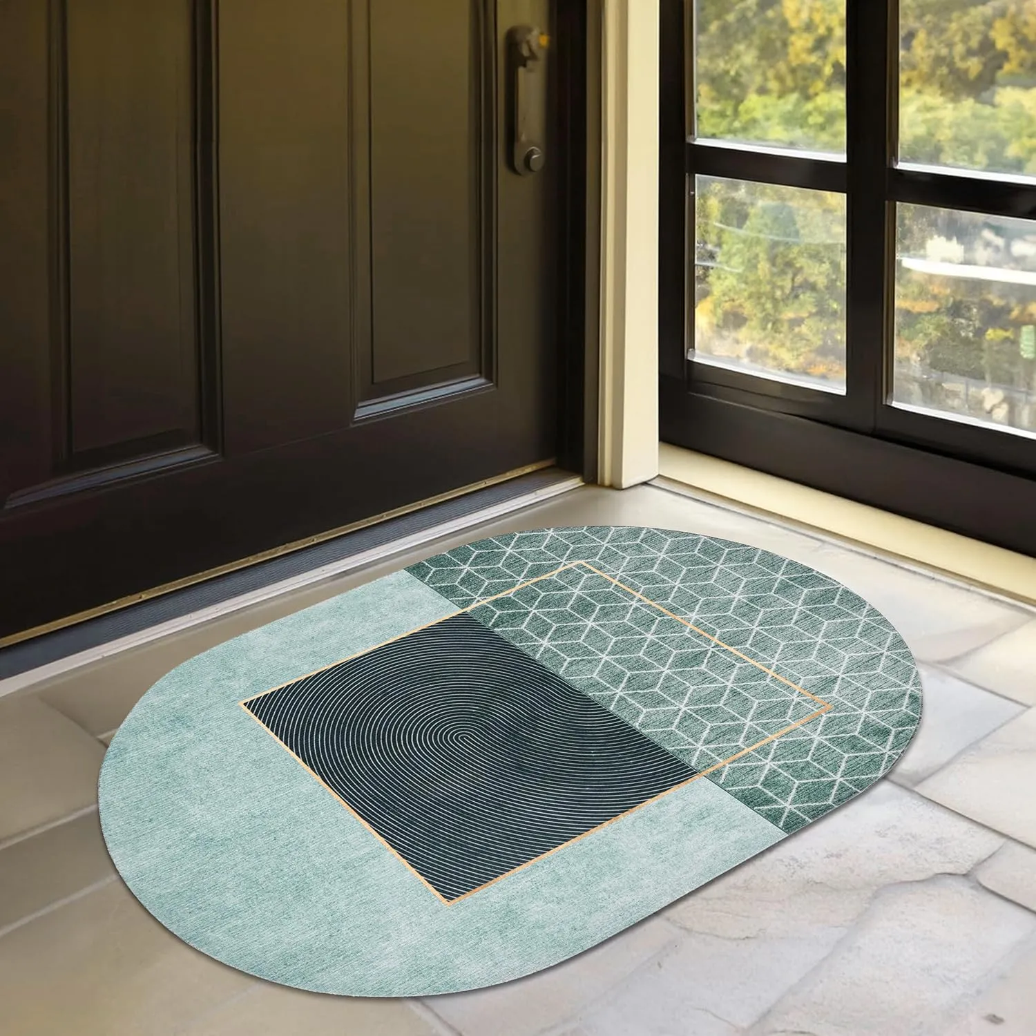 Kuber Industries Oval Bathmat | Soft Anti Skid Door Mat | Non Woven Floor Mat for Home | Non-Slip Mat for Shower-Bathtub | HY051 |Light Blue & Green