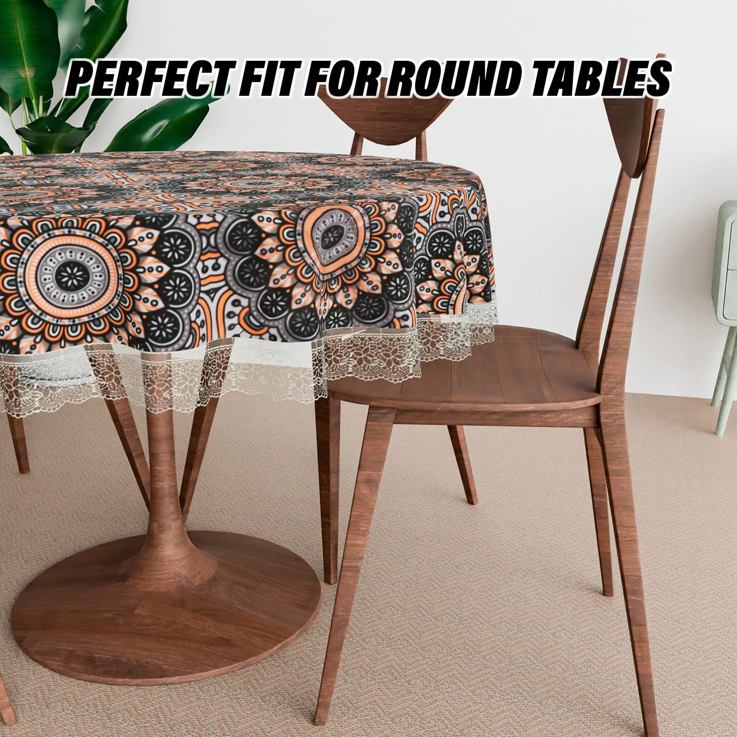 Kuber Industries Round Dining Table Cover 4 Seater Waterproof | Center Table Teepai Cover Cloth for Tea Coffee | Tabletop & Teapoy Mat for Living Room, Kitchen & Balcony | 60 Inch | PVC | Black&Orange