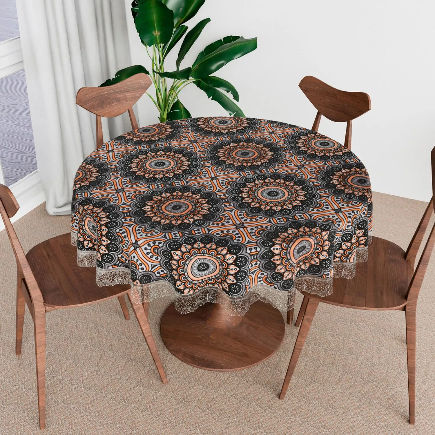 Kuber Industries Round Dining Table Cover 4 Seater Waterproof | Center Table Teepai Cover Cloth for Tea Coffee | Tabletop & Teapoy Mat for Living Room, Kitchen & Balcony | 60 Inch | PVC | Black&Orange