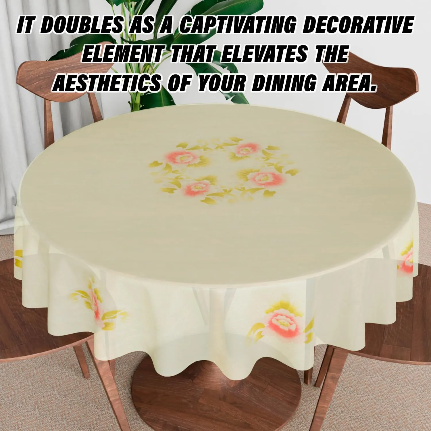 Kuber Industries Round Dining Table Cover 4 Seater Waterproof | Center Table Teepai Cover Cloth for Tea Coffee | Tabletop & Teapoy Mat for Living Room, Kitchen & Balcony | PVC | 60 Inch | Cream