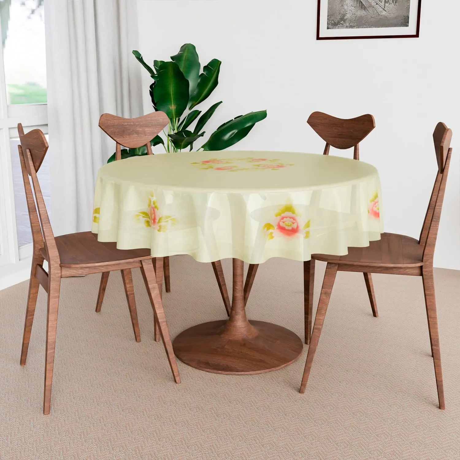 Kuber Industries Round Dining Table Cover 4 Seater Waterproof | Center Table Teepai Cover Cloth for Tea Coffee | Tabletop & Teapoy Mat for Living Room, Kitchen & Balcony | PVC | 60 Inch | Cream