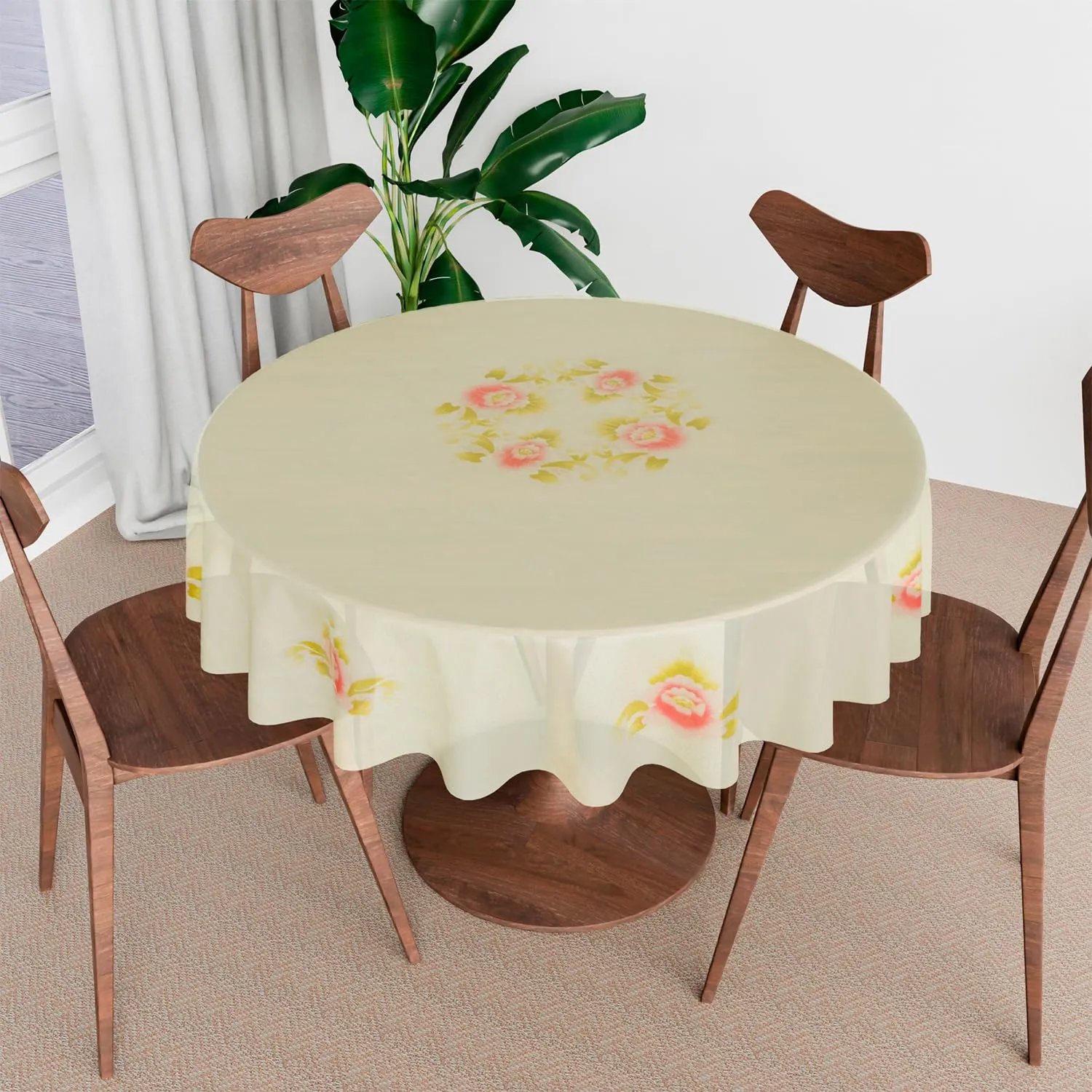 Kuber Industries Round Dining Table Cover 4 Seater Waterproof | Center Table Teepai Cover Cloth for Tea Coffee | Tabletop & Teapoy Mat for Living Room, Kitchen & Balcony | PVC | 60 Inch | Cream