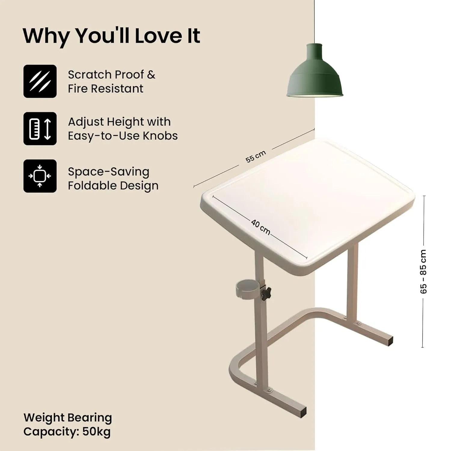 Kuber Industries Space-Saving Wooden Foldable Table with Tablemate Finish with Wheels | Portable & Manual Height Adjustable Laptop Tables for Work from Home & Office | 120855WTE-Off White