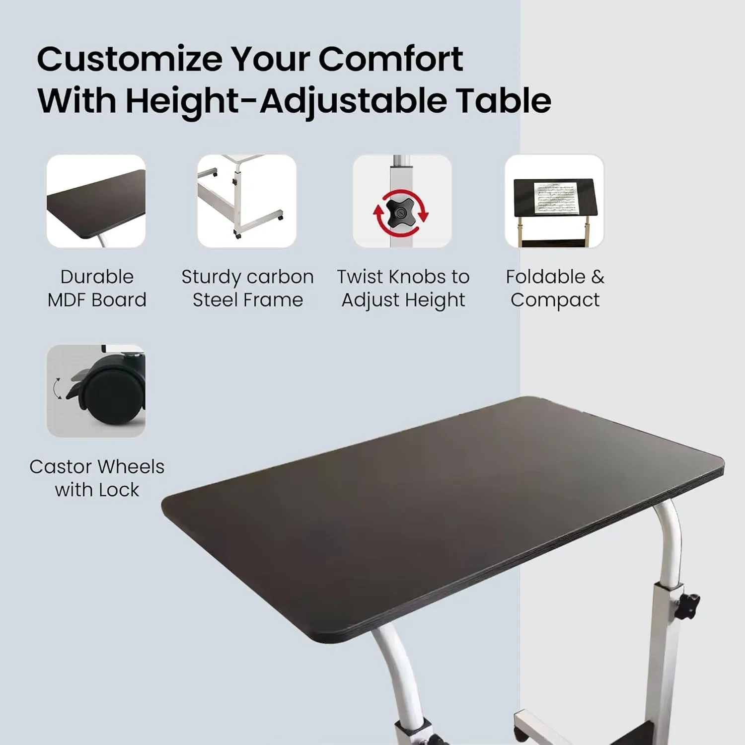 Kuber Industries Space-Saving Wooden Oblong Foldable Table with Tablemate Finish with Wheels | Portable & Manual Height Adjustable Laptop Tables for Work from Home | 80480BLK-Black & Grey