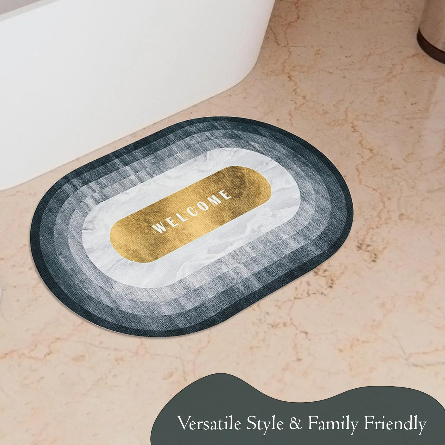 Kuber Industries Welcome Oval Doormat | Soft Anti Skid Door Mat | Non Woven Floor Mat for Home | Non-Slip Door Mat for Entrance | HY073 | Gray & Gold