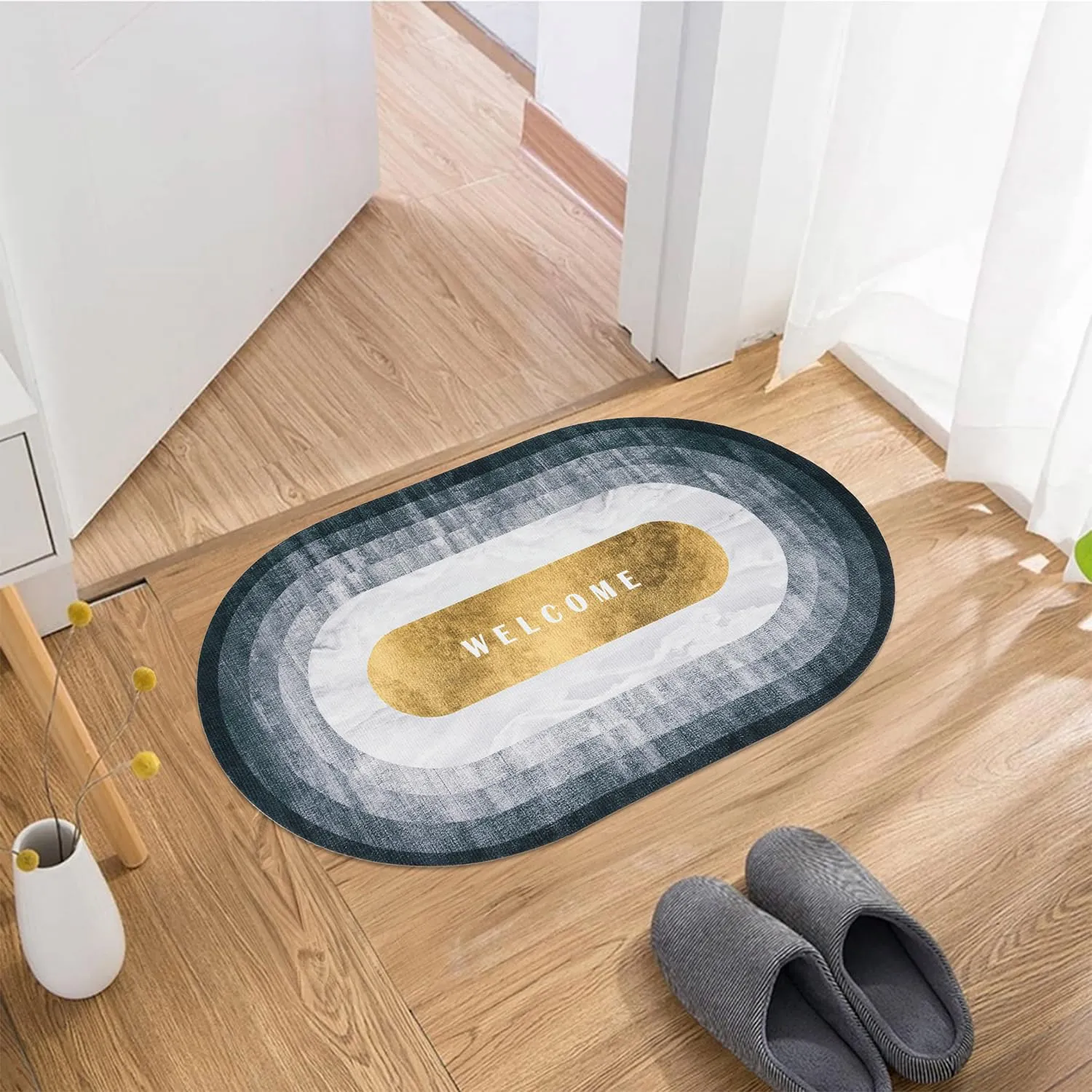 Kuber Industries Welcome Oval Doormat | Soft Anti Skid Door Mat | Non Woven Floor Mat for Home | Non-Slip Door Mat for Entrance | HY073 | Gray & Gold