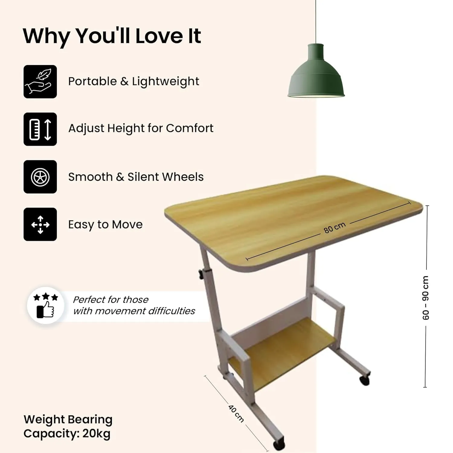 Kuber Industries Wooden Manual Height Adjustable Table for Work & Study with Wheels & Storage Shelf | Spacious Desk & Laptop Tables for Work from Home & Office | LF260MAP-Strokes - Beige