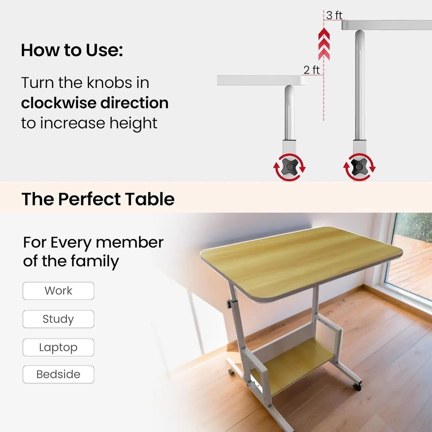 Kuber Industries Wooden Manual Height Adjustable Table for Work & Study with Wheels & Storage Shelf | Spacious Desk & Laptop Tables for Work from Home & Office | LF260MAP-Strokes - Beige