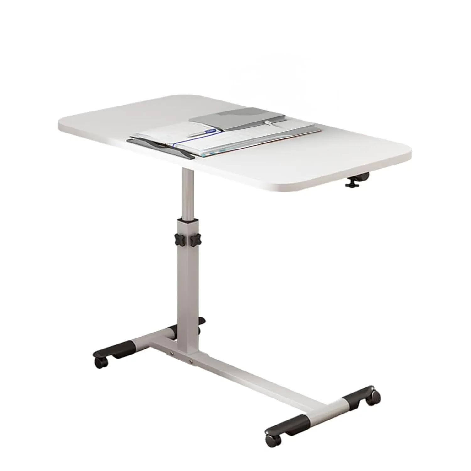 Kuber Industries Wooden Oblong Foldable Table with Tablemate Finish with Wheels | Portable & Manual Height Adjustable Laptop Tables for Work from Home & Office | 30560WTE-Off White