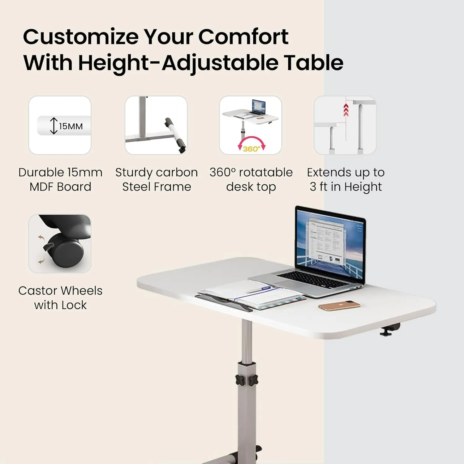 Kuber Industries Wooden Oblong Foldable Table with Tablemate Finish with Wheels | Portable & Manual Height Adjustable Laptop Tables for Work from Home & Office | 30560WTE-Off White