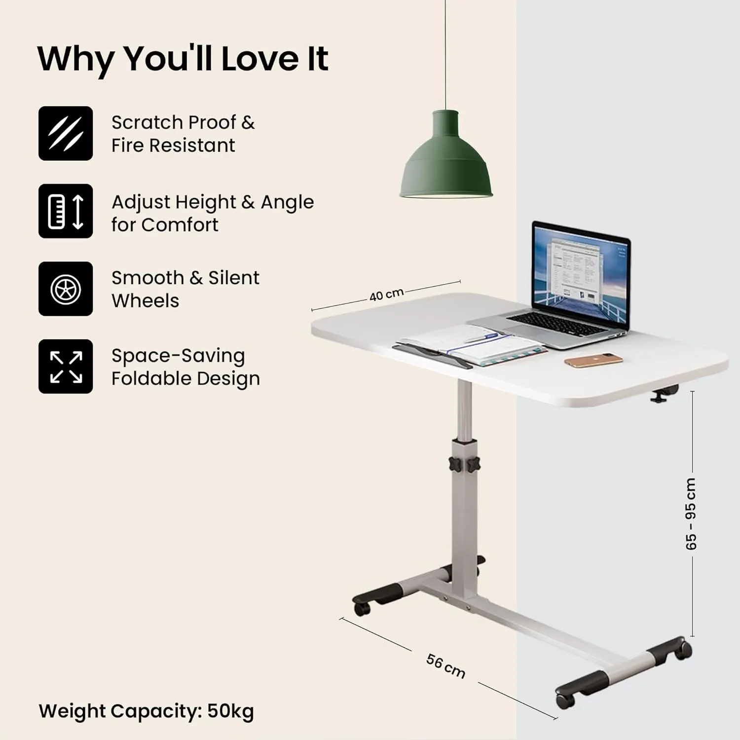 Kuber Industries Wooden Oblong Foldable Table with Tablemate Finish with Wheels | Portable & Manual Height Adjustable Laptop Tables for Work from Home & Office | 30560WTE-Off White