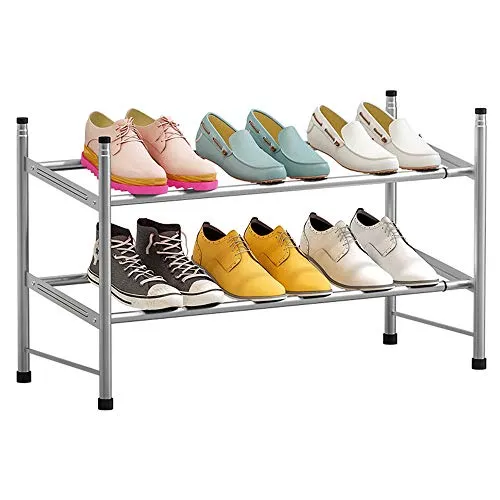 Metal Shoe Rack 2-Tier Shoe Organizer Shelves Space Saving Adjustable Large acity Telescopic Shoe Shelf (Grey) -Layfoo