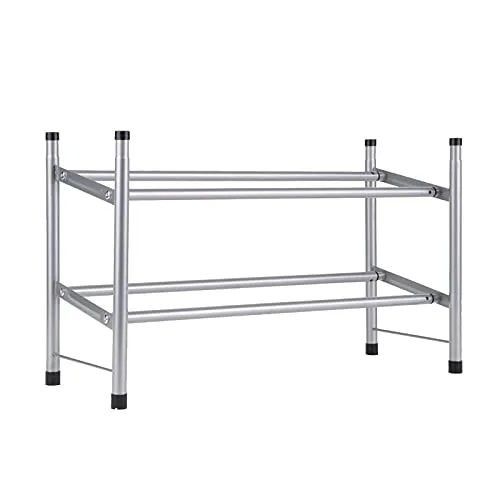 Metal Shoe Rack 2-Tier Shoe Organizer Shelves Space Saving Adjustable Large acity Telescopic Shoe Shelf (Grey) -Layfoo