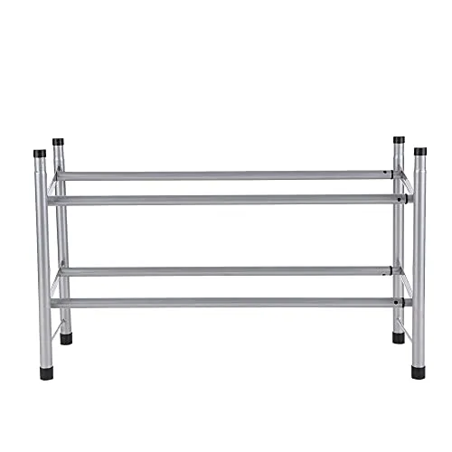 Metal Shoe Rack 2-Tier Shoe Organizer Shelves Space Saving Adjustable Large acity Telescopic Shoe Shelf (Grey) -Layfoo