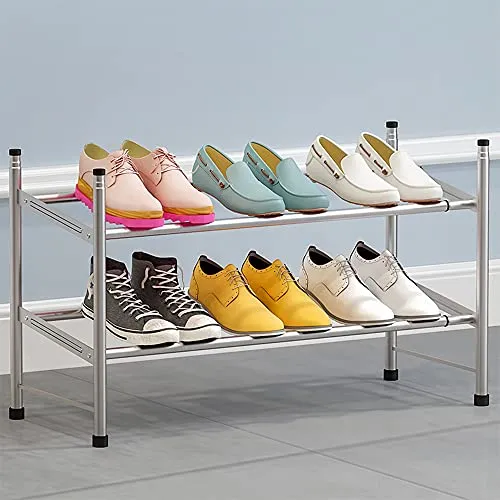 Metal Shoe Rack 2-Tier Shoe Organizer Shelves Space Saving Adjustable Large acity Telescopic Shoe Shelf (Grey) -Layfoo