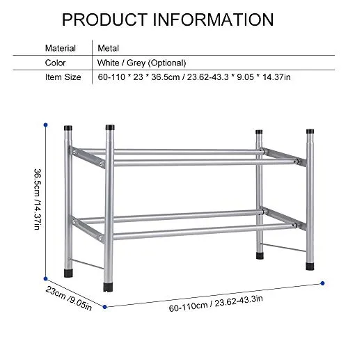 Metal Shoe Rack 2-Tier Shoe Organizer Shelves Space Saving Adjustable Large acity Telescopic Shoe Shelf (Grey) -Layfoo