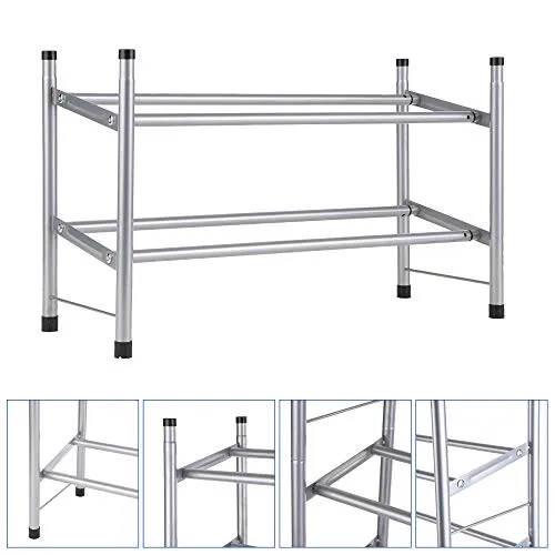 Metal Shoe Rack 2-Tier Shoe Organizer Shelves Space Saving Adjustable Large acity Telescopic Shoe Shelf (Grey) -Layfoo