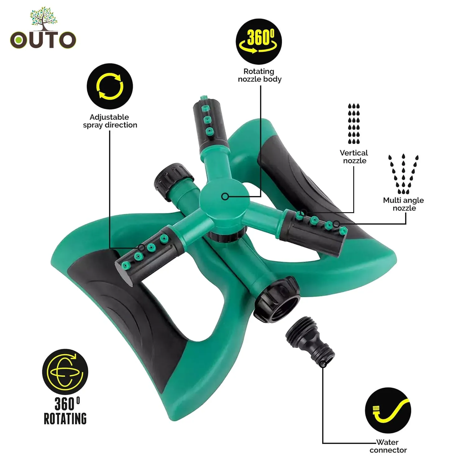 OUTO Automatic Garden Sprinkler 360 Degree Rotating Adjustable 3 Arm Water Sprayer for Watering Plants Outdoor Lawn Yard Irrigation System (Green)