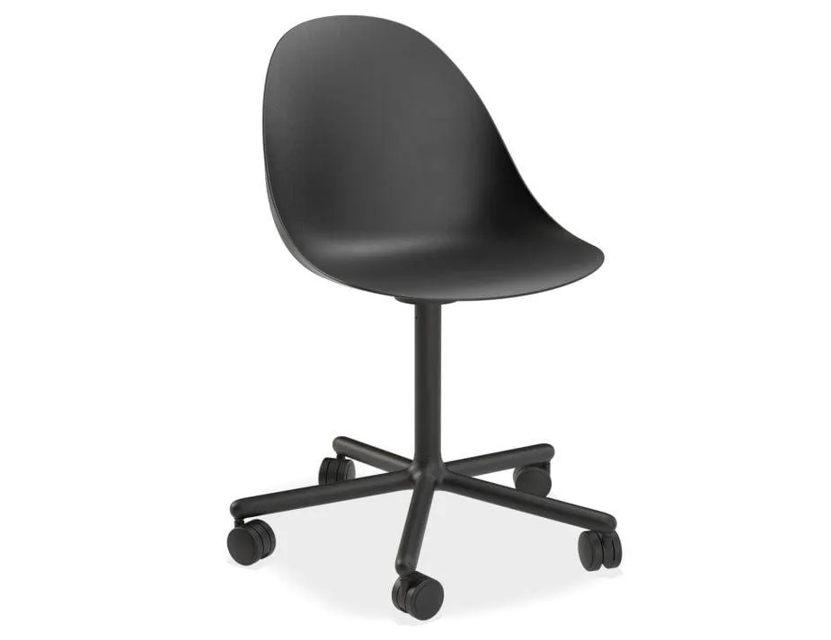 Pebble Chair Black Upholstered Vintage Seat - Pyramid Fixed Base with Castors - Black