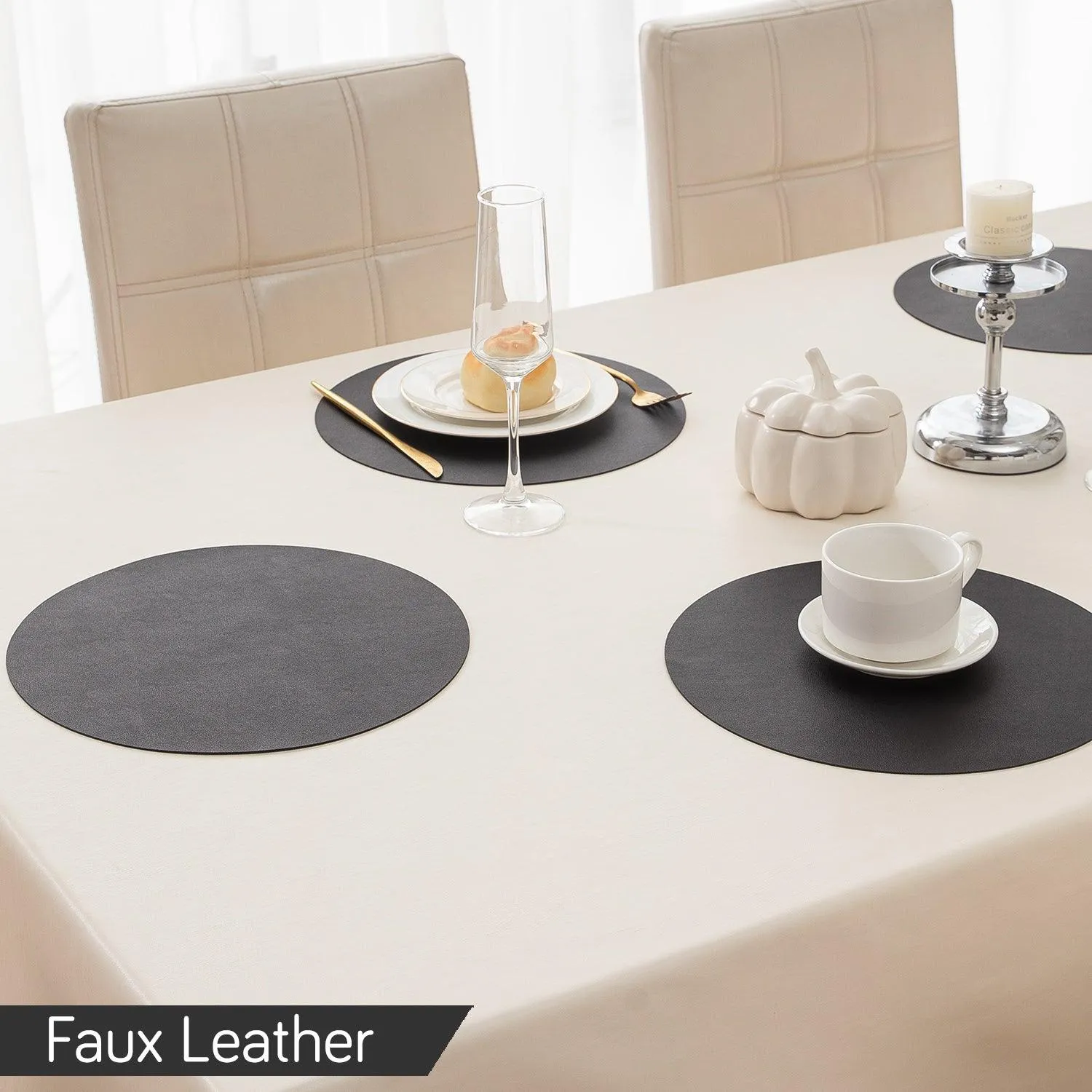 Premium Faux Leather Dining Table Round Mats, Black