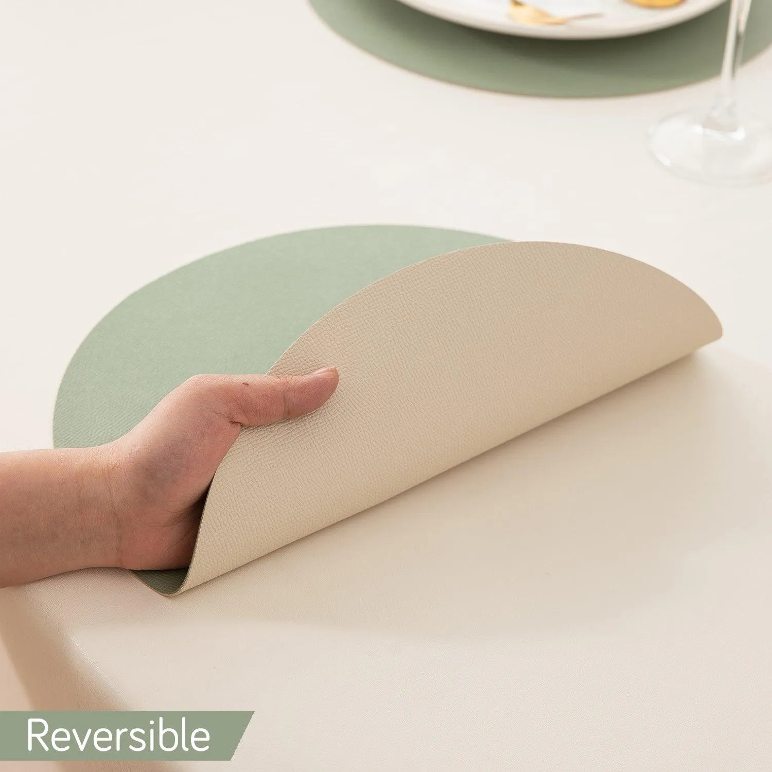 Premium Faux Leather Dining Table Round Mats, Pistachio Green