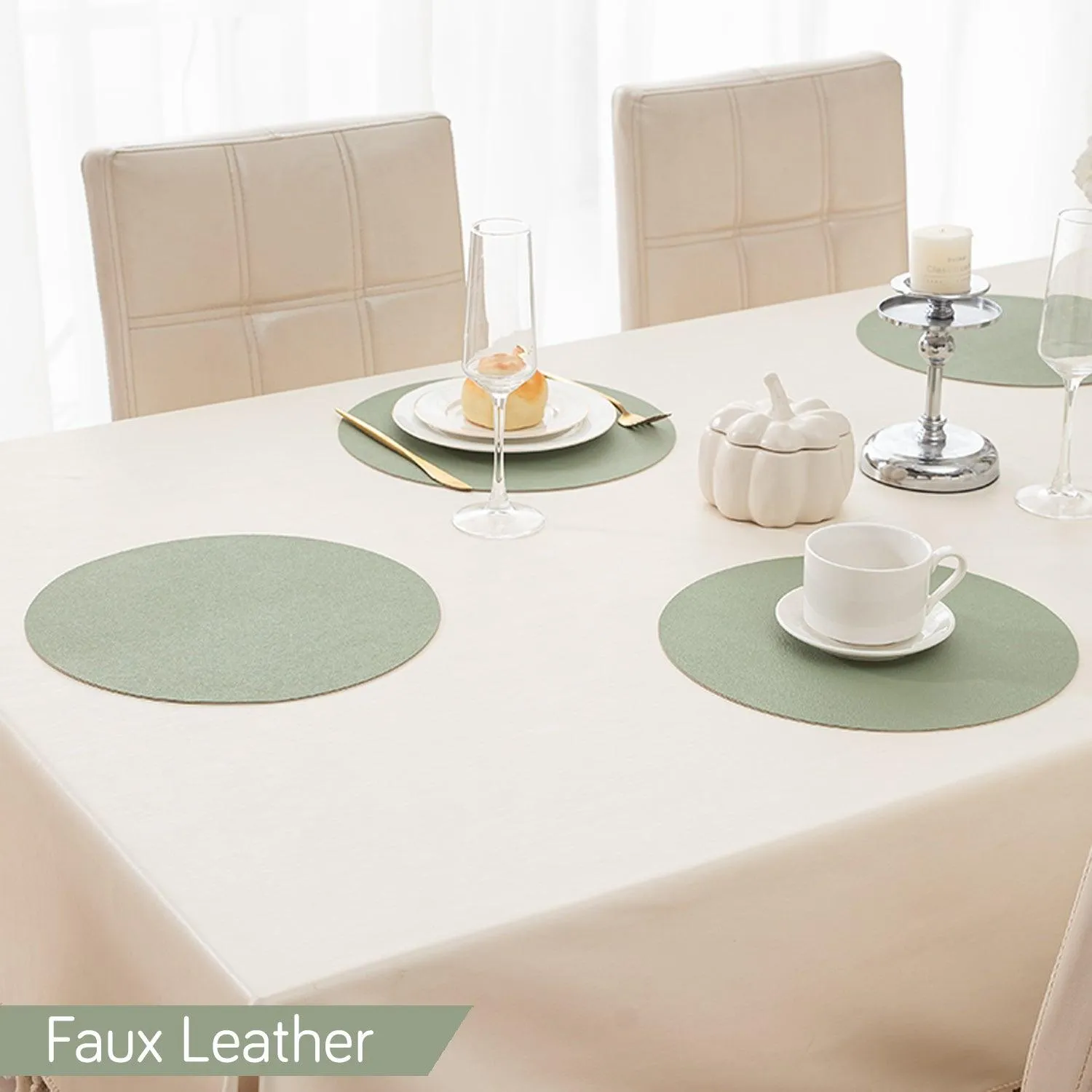 Premium Faux Leather Dining Table Round Mats, Pistachio Green