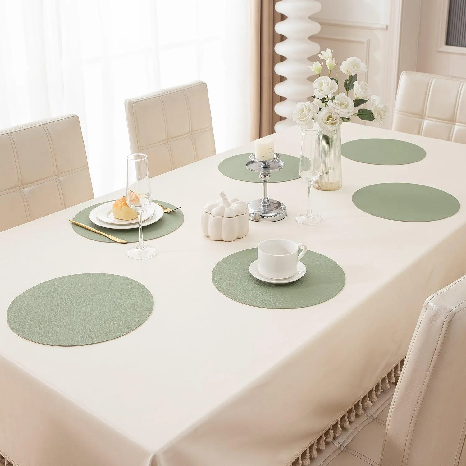 Premium Faux Leather Dining Table Round Mats, Pistachio Green