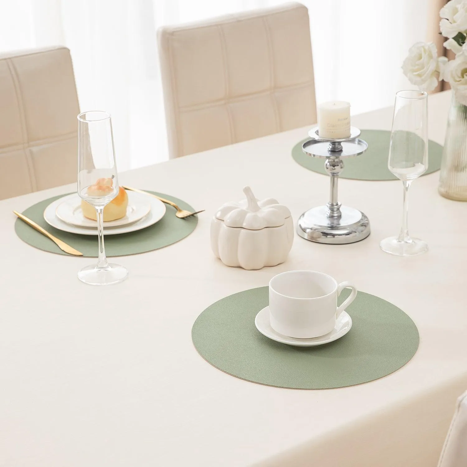 Premium Faux Leather Dining Table Round Mats, Pistachio Green