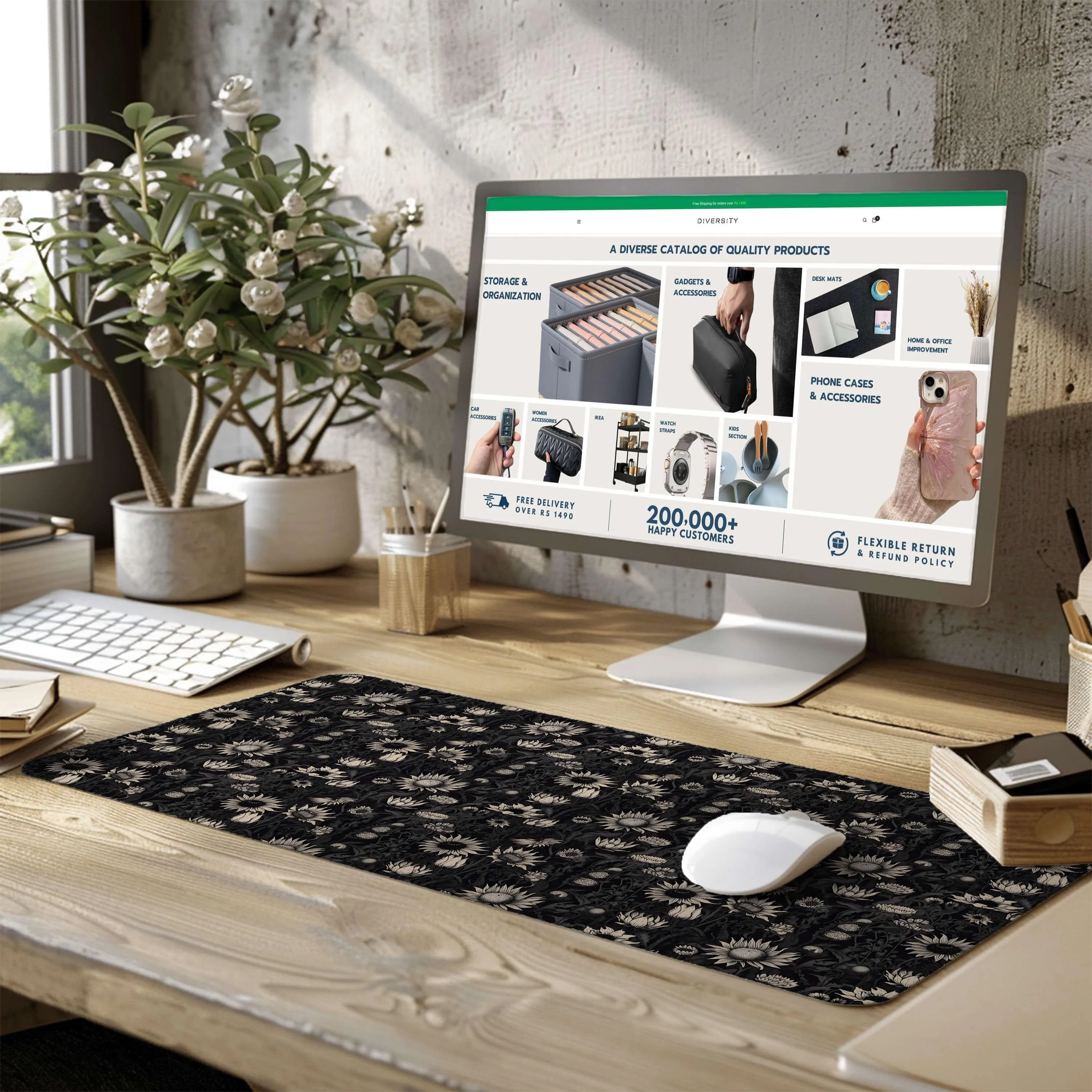 Printed Desk Mat - Black Sun Flowers