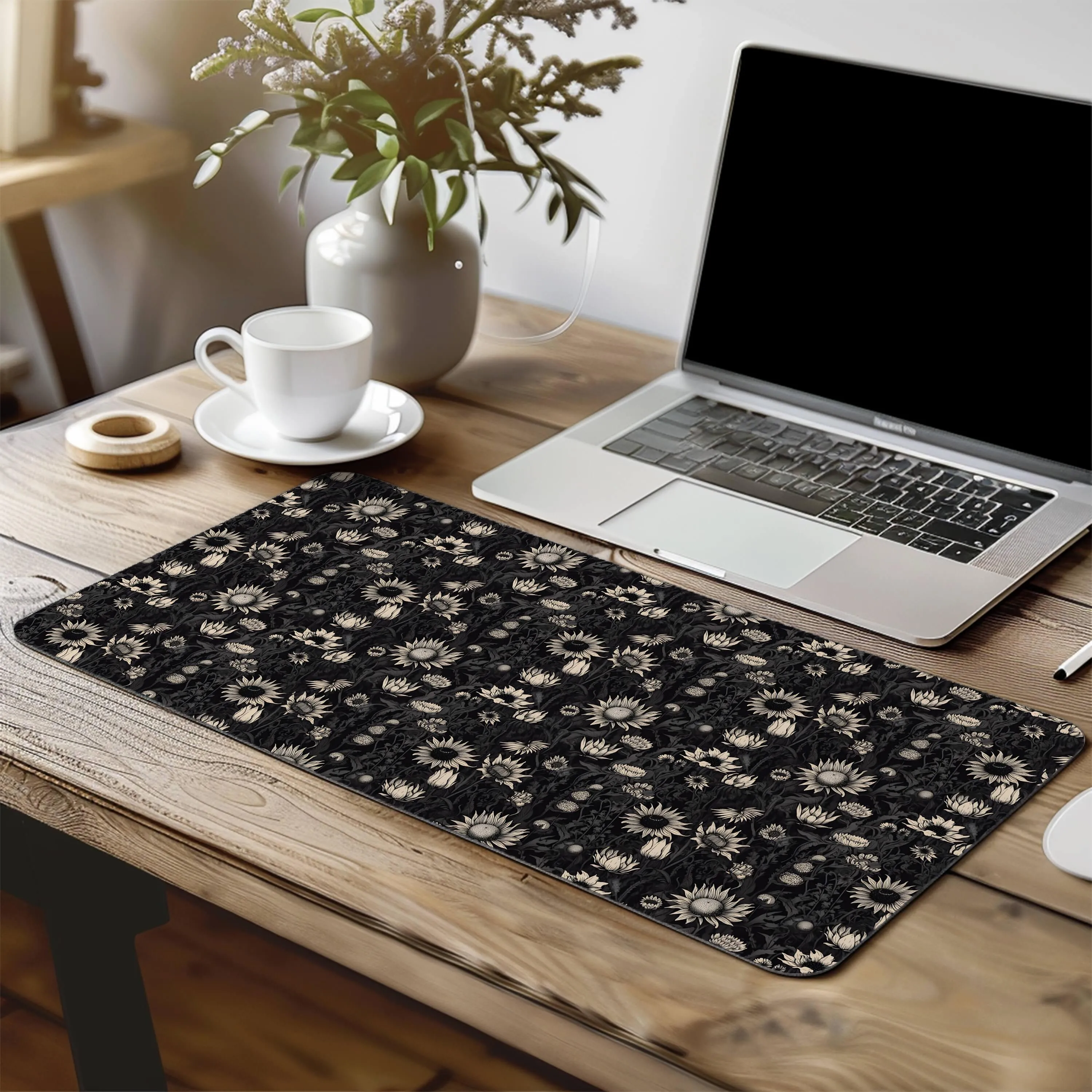 Printed Desk Mat - Black Sun Flowers