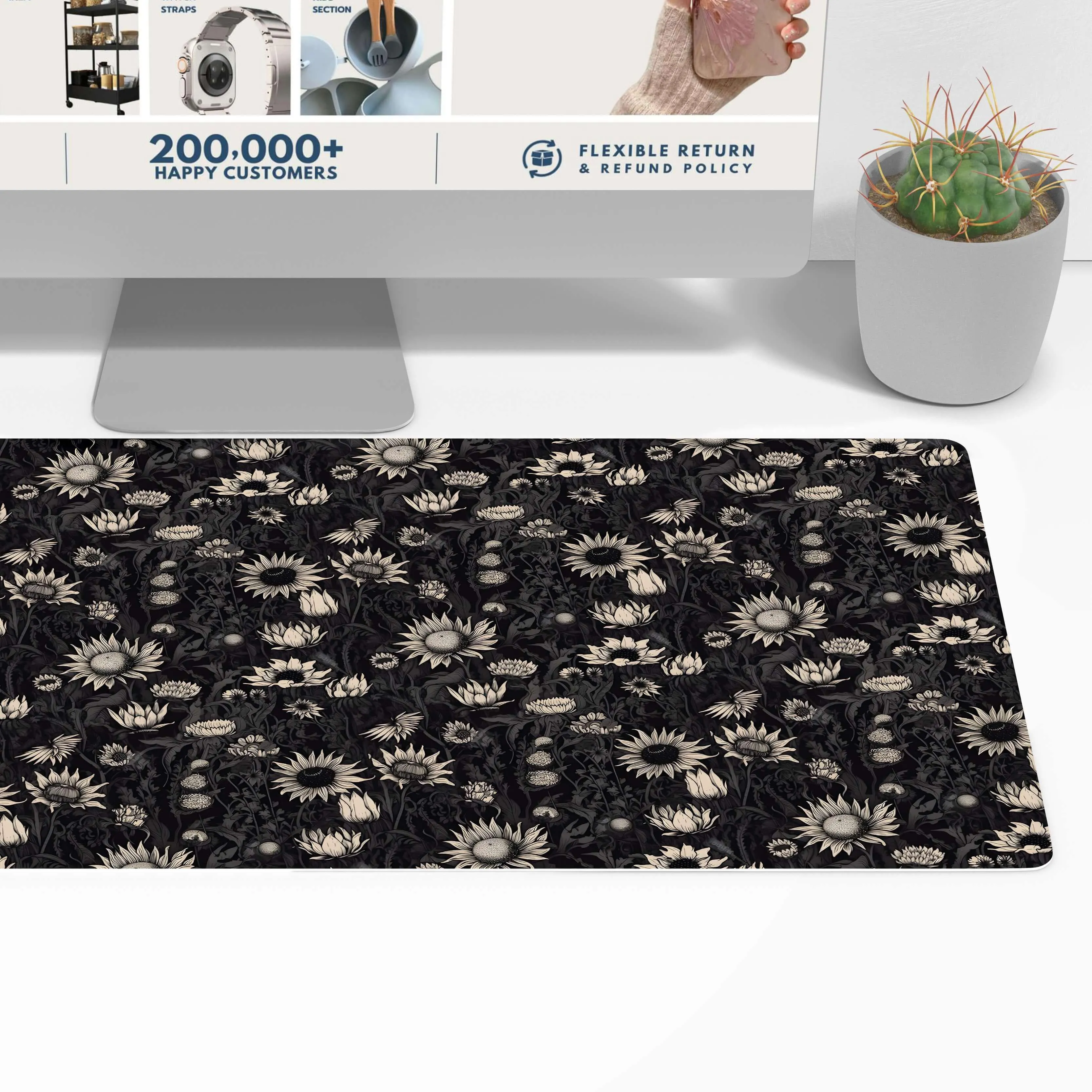 Printed Desk Mat - Black Sun Flowers