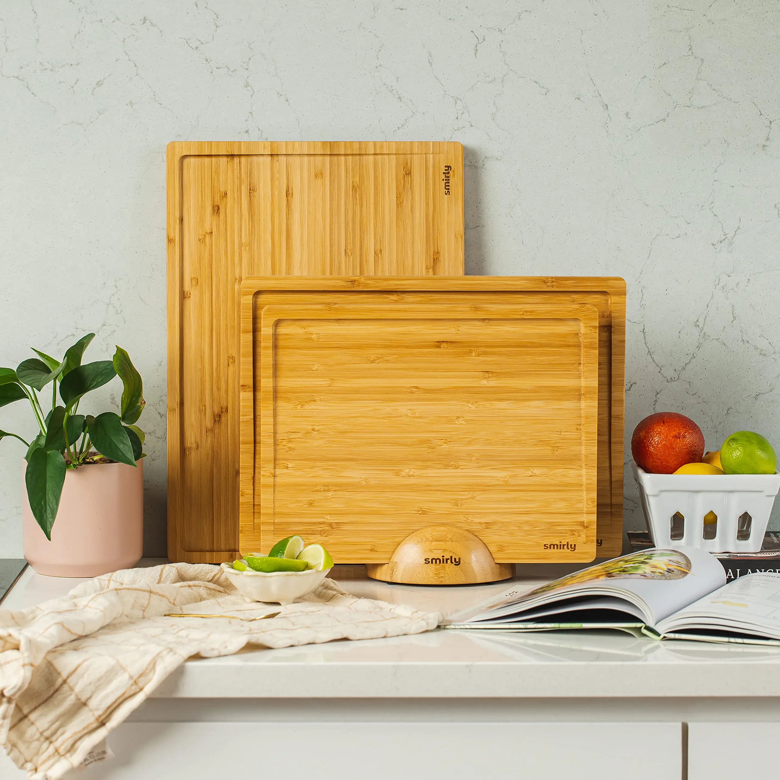 SMIRLY Wooden Cutting Boards For Kitchen - Bamboo Cutting Board Set with Holder, Wood Cutting Board Set, Cutting Board Wood, Wooden Chopping Board, Wooden Cutting Board Set