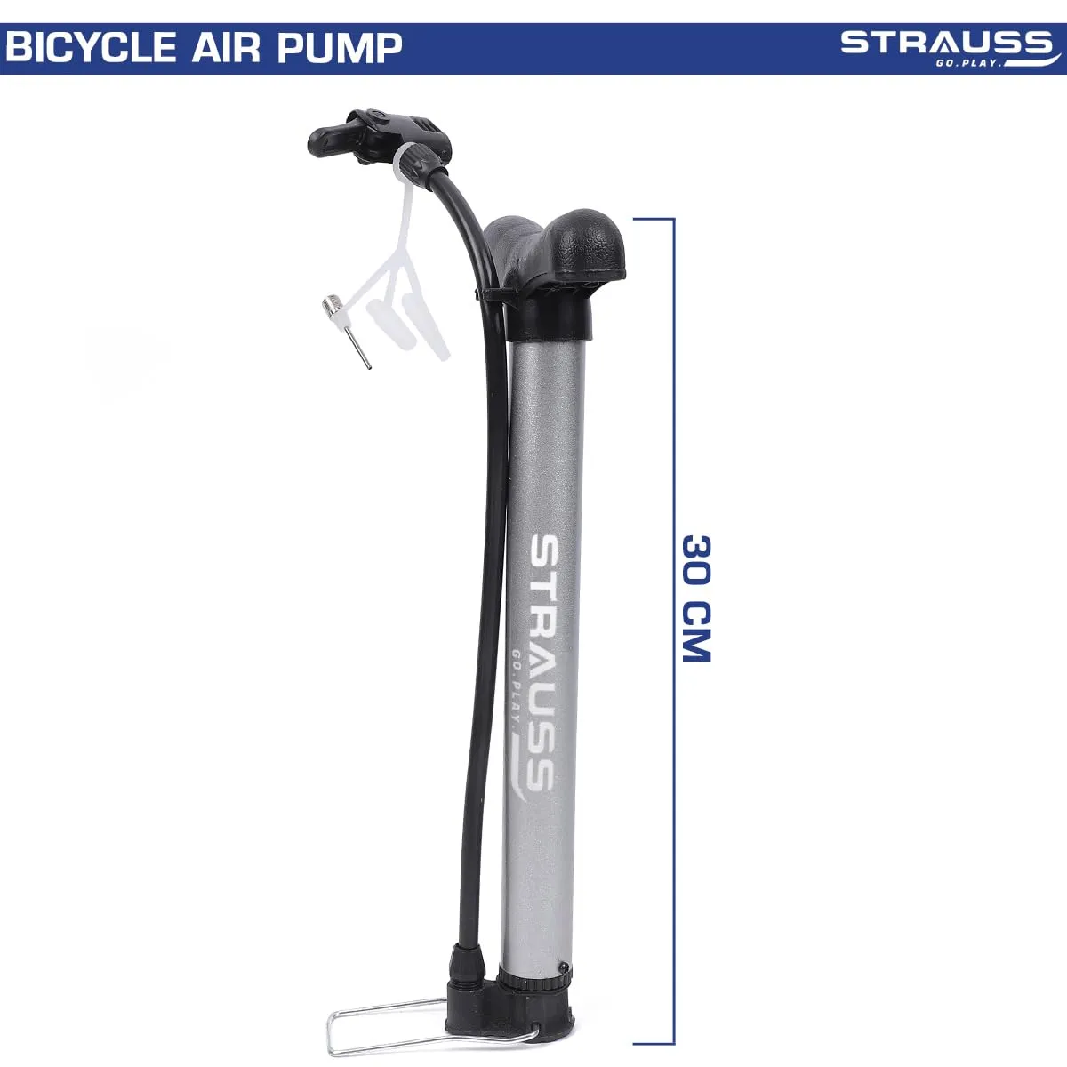 Strauss Bicycle Air Pump with Needle & Dual Valve | Portable Pump with 2 Modes, Ideal for Inflating Bicycle, Swimming Rings | Sturdy Base & Ergonomic Handle (Grey)