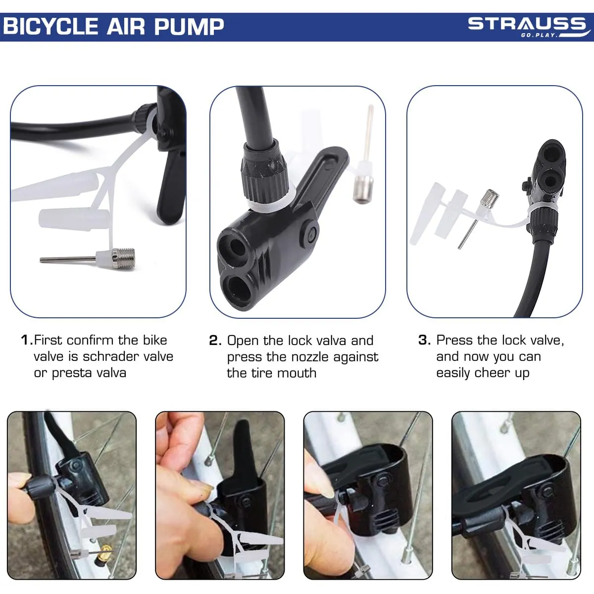 Strauss Bicycle Air Pump with Needle & Dual Valve | Portable Pump with 2 Modes, Ideal for Inflating Bicycle, Swimming Rings | Sturdy Base & Ergonomic Handle (Grey)