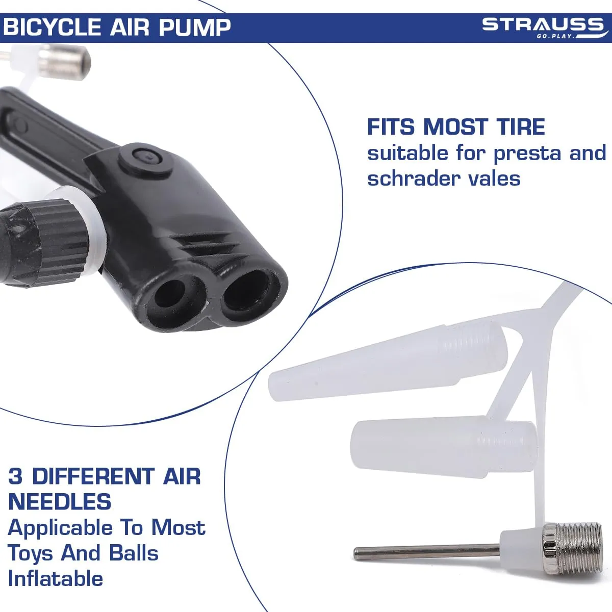 Strauss Bicycle Air Pump with Needle & Dual Valve | Portable Pump with 2 Modes, Ideal for Inflating Bicycle, Swimming Rings | Sturdy Base & Ergonomic Handle (Grey)