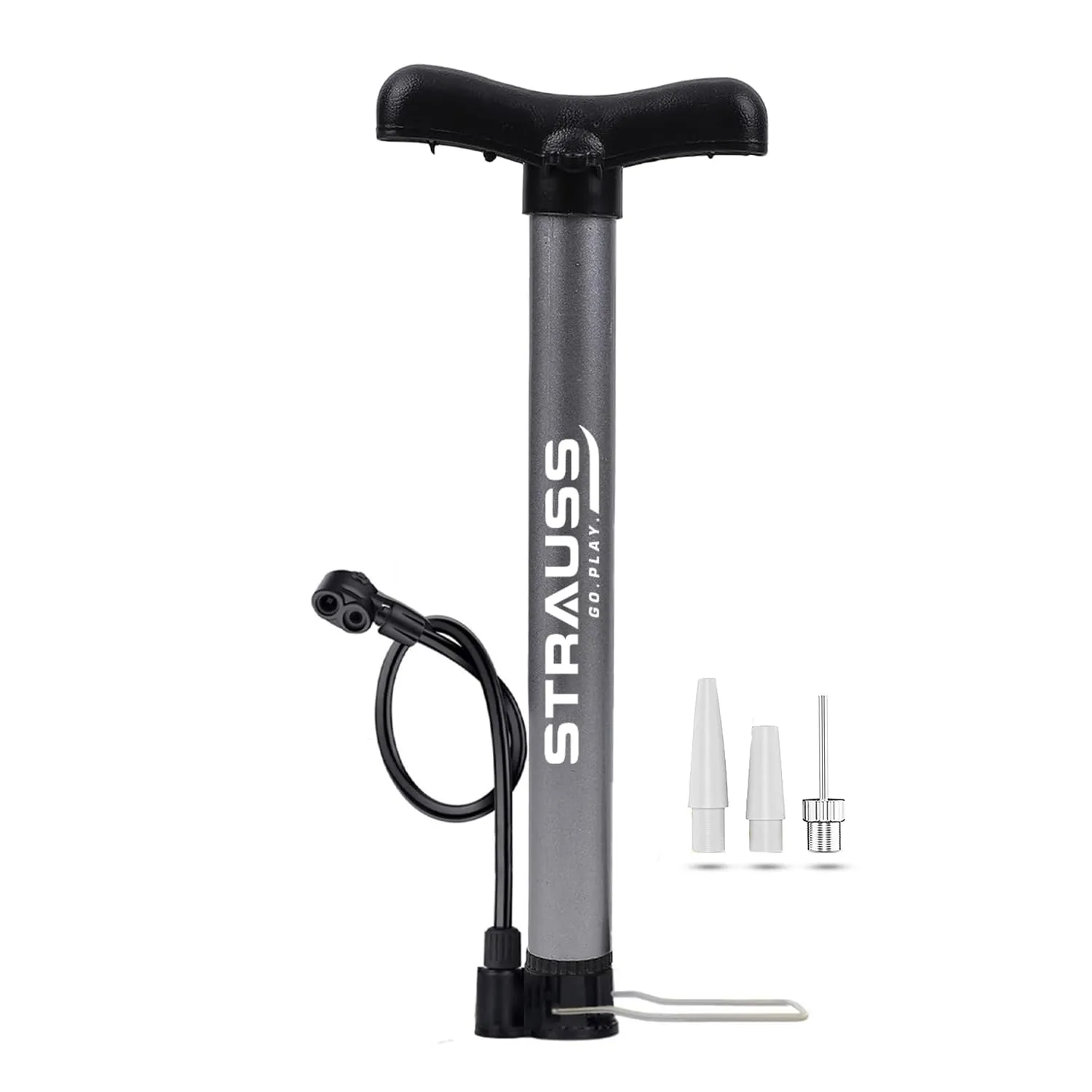 Strauss Bicycle Air Pump with Needle & Dual Valve | Portable Pump with 2 Modes, Ideal for Inflating Bicycle, Swimming Rings | Sturdy Base & Ergonomic Handle (Grey)