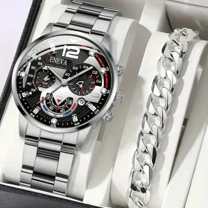 Stylish Mens Quartz Watch  Stainless Steel Bracelet Set Perfect Gift