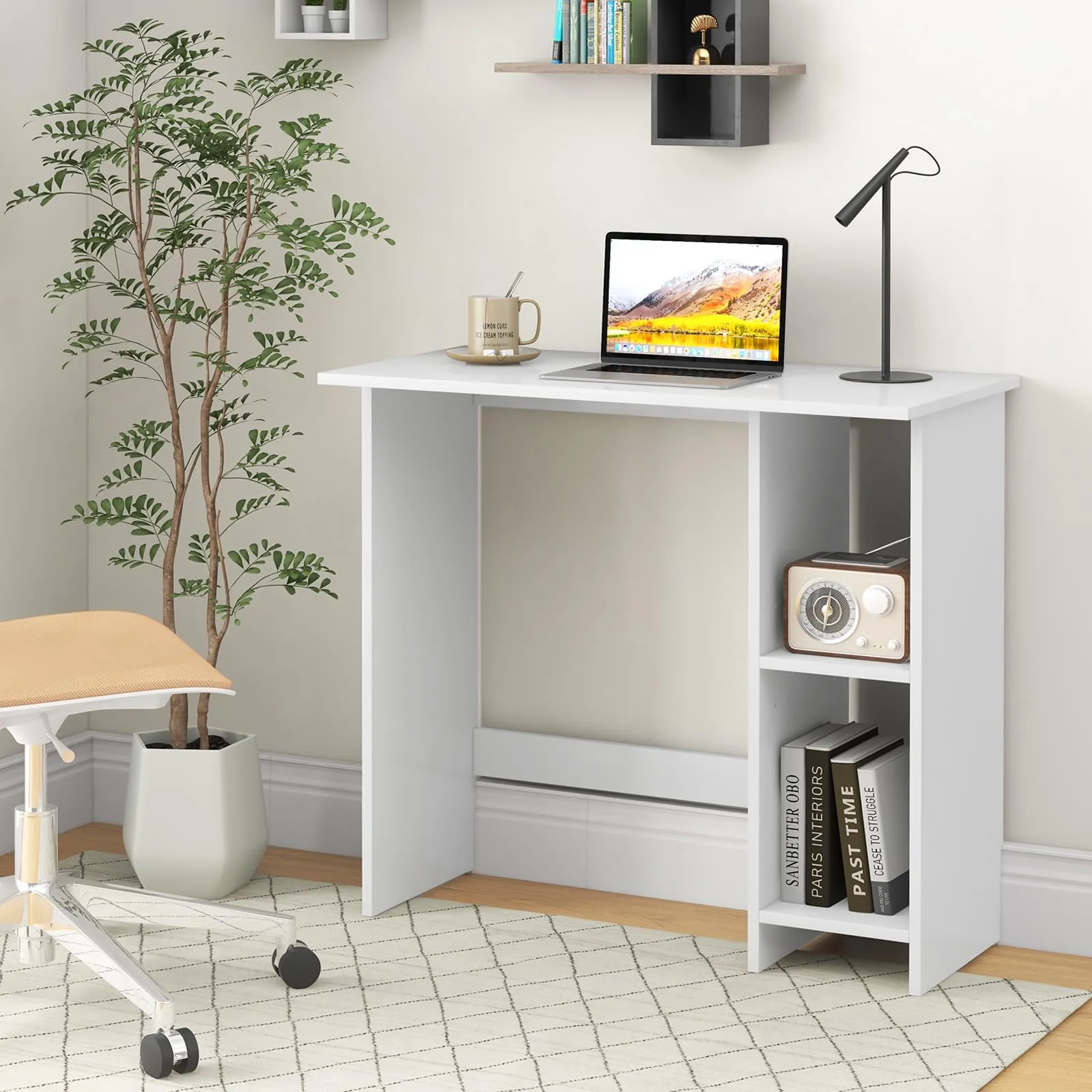 Tangkula White Desk with Storage Shelves, Modern Small Writing Desk with Adjustable Shelf (White)