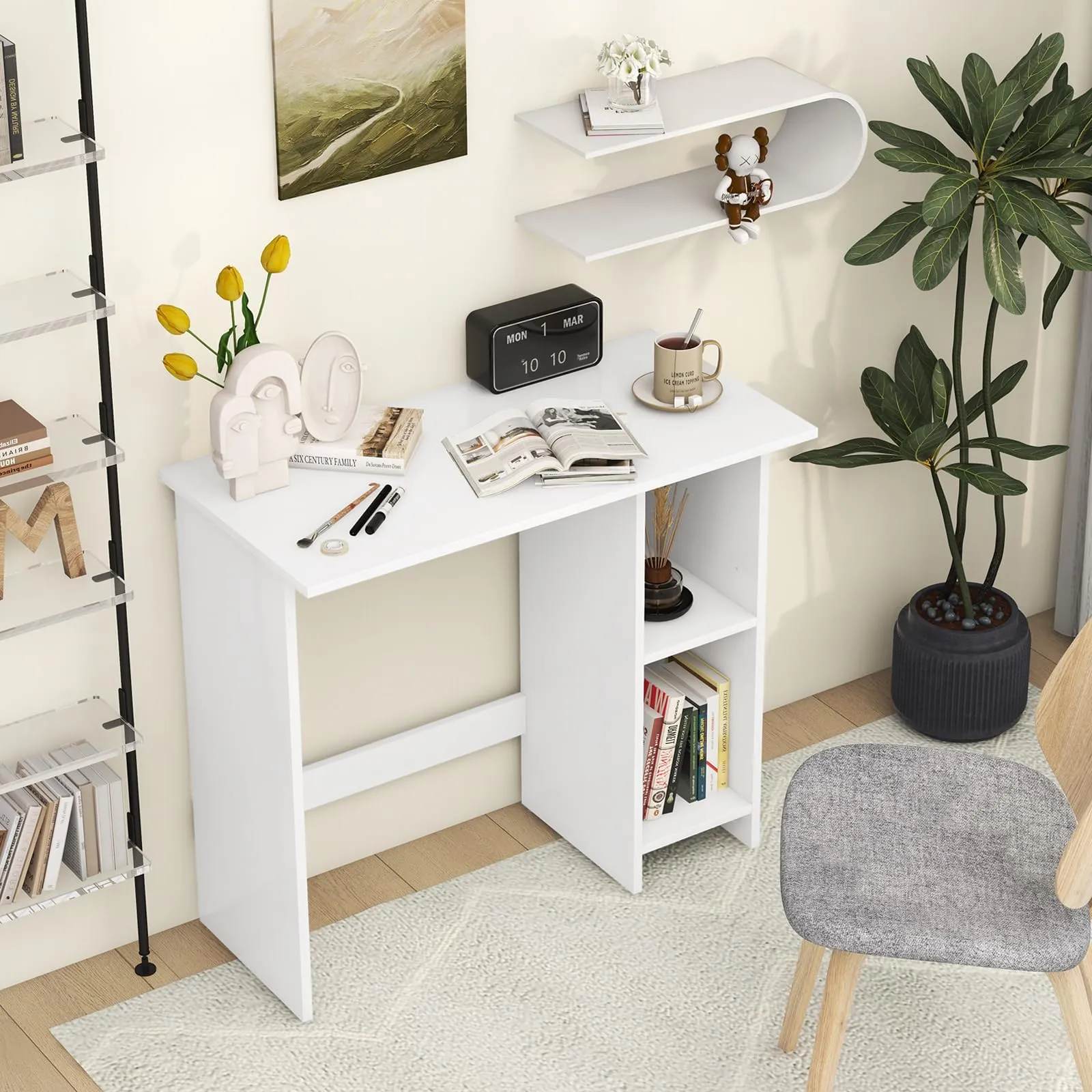 Tangkula White Desk with Storage Shelves, Modern Small Writing Desk with Adjustable Shelf (White)