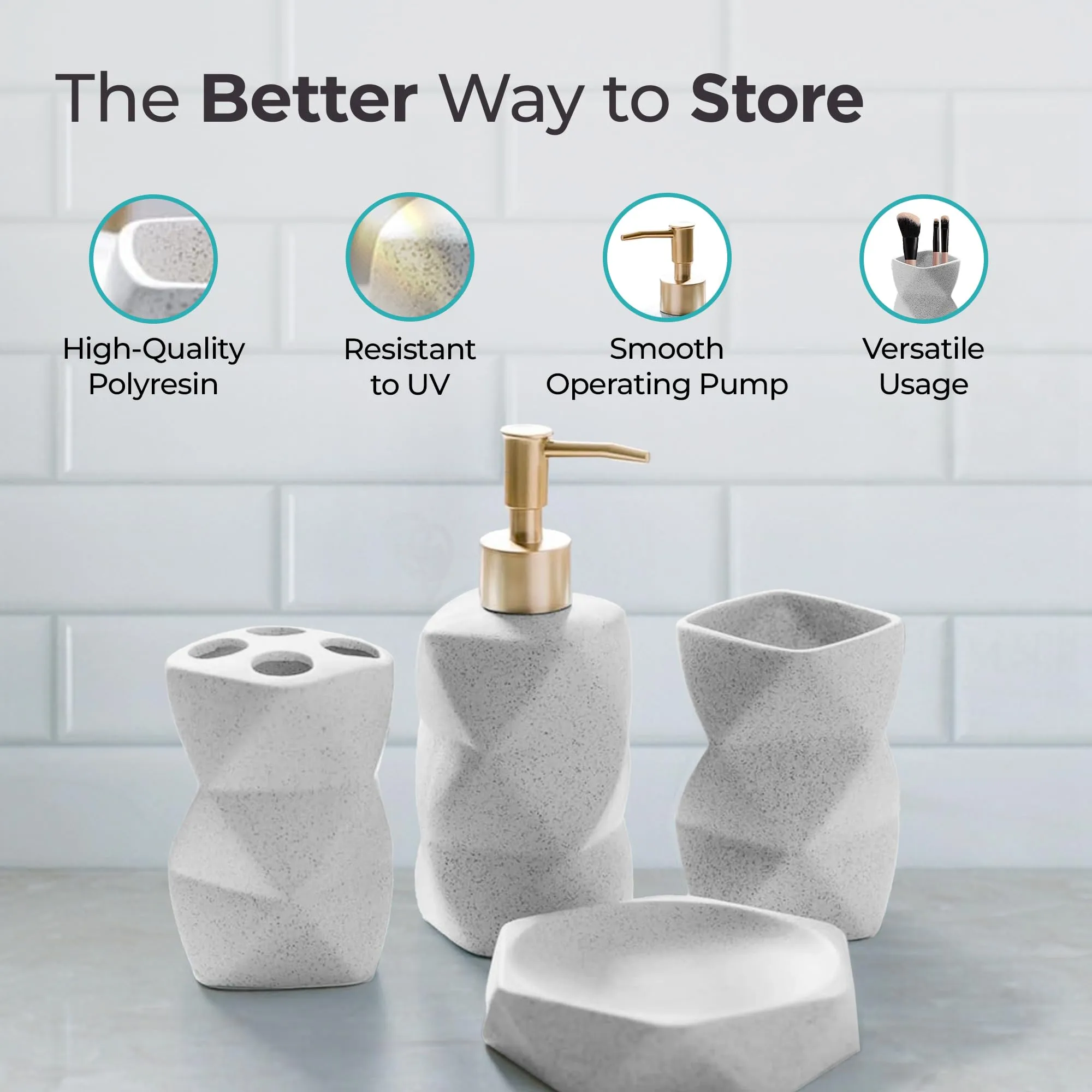 The Better Home 4pcs Ceramic Bathroom Accessories Set | Soap Dispenser for Bathroom (380ML) 1Toothbrush Holder 1Cup & Soap Case for Bathroom | Handwash Dispenser | Soap Holder for Bathroom | White