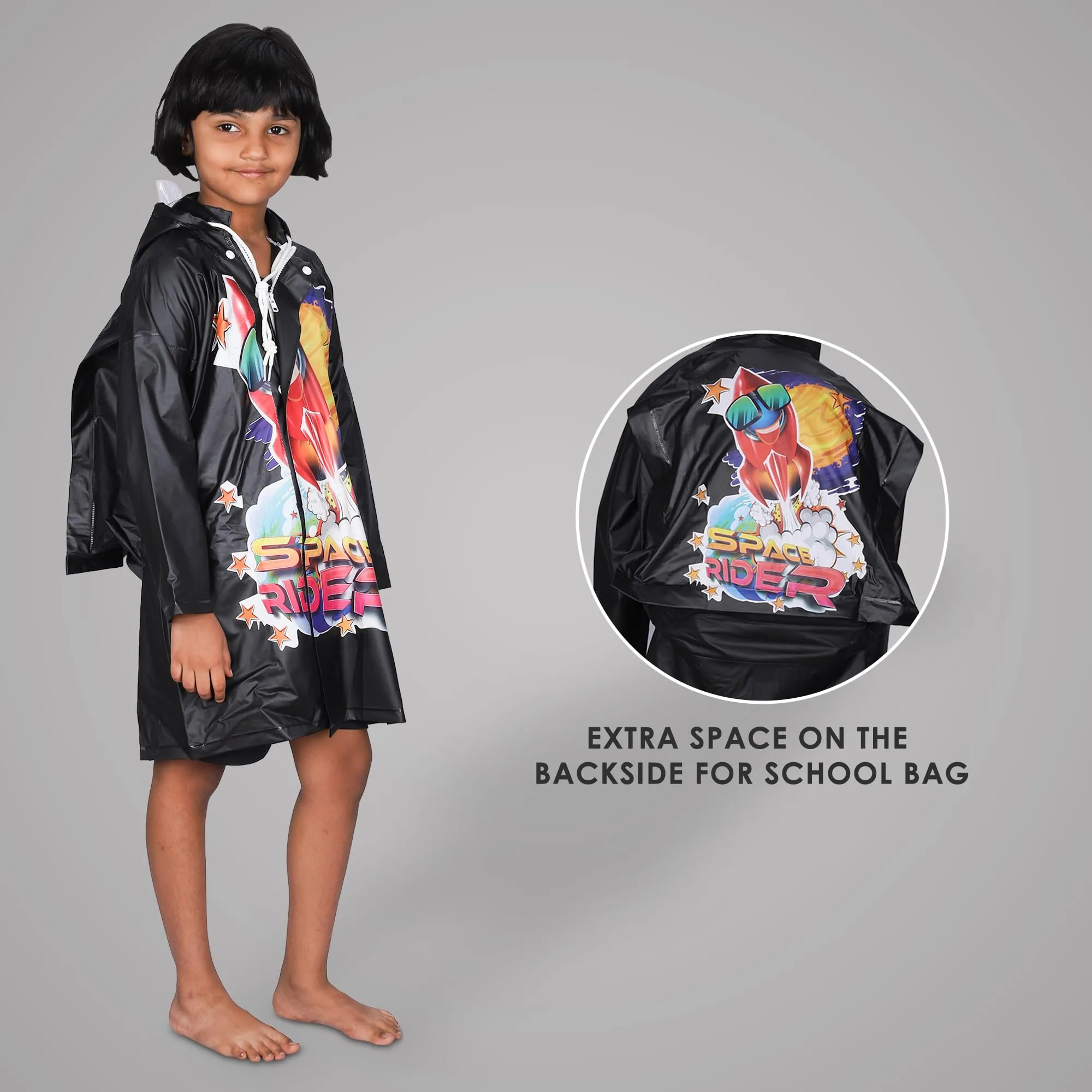 THE CLOWNFISH Toon Caper Series Kids Waterproof PVC Longcoat with Adjustable Hood & Extra Space for Backpack/Schoolbag Holding. Printed Plastic Pouch. Kid Age-5-6 years (Jet Black)