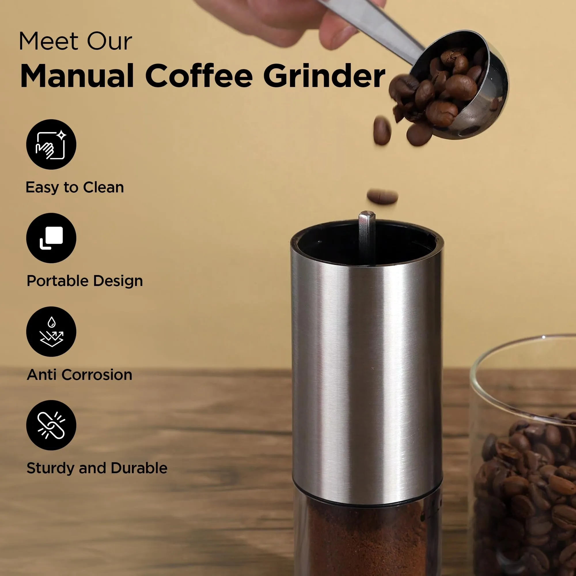 UMAI Manual Coffee Grinder | Ceramic Grinder Core | Portable Kitchen Home | Stainless Steel Shell & Handle | ABS Plastic Jar | Coffee Grinder Manual | Coffee Bean Grinder | Coffee Crusher (Silver)