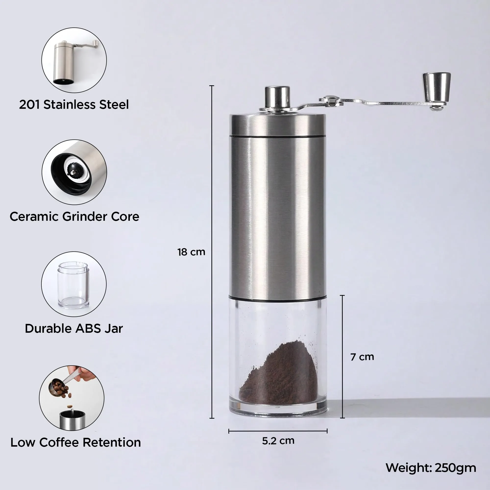 UMAI Manual Coffee Grinder | Ceramic Grinder Core | Portable Kitchen Home | Stainless Steel Shell & Handle | ABS Plastic Jar | Coffee Grinder Manual | Coffee Bean Grinder | Coffee Crusher (Silver)