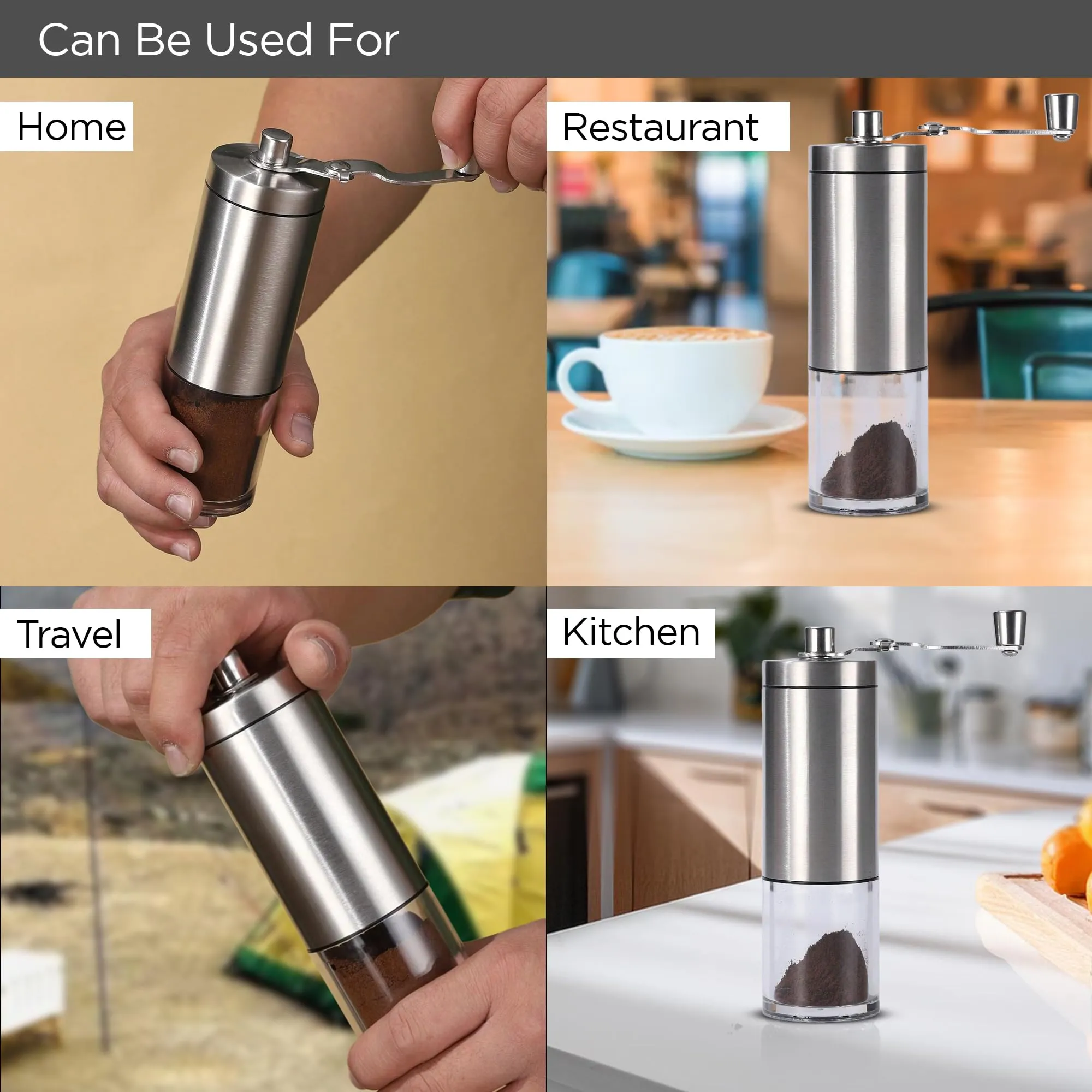 UMAI Manual Coffee Grinder | Ceramic Grinder Core | Portable Kitchen Home | Stainless Steel Shell & Handle | ABS Plastic Jar | Coffee Grinder Manual | Coffee Bean Grinder | Coffee Crusher (Silver)