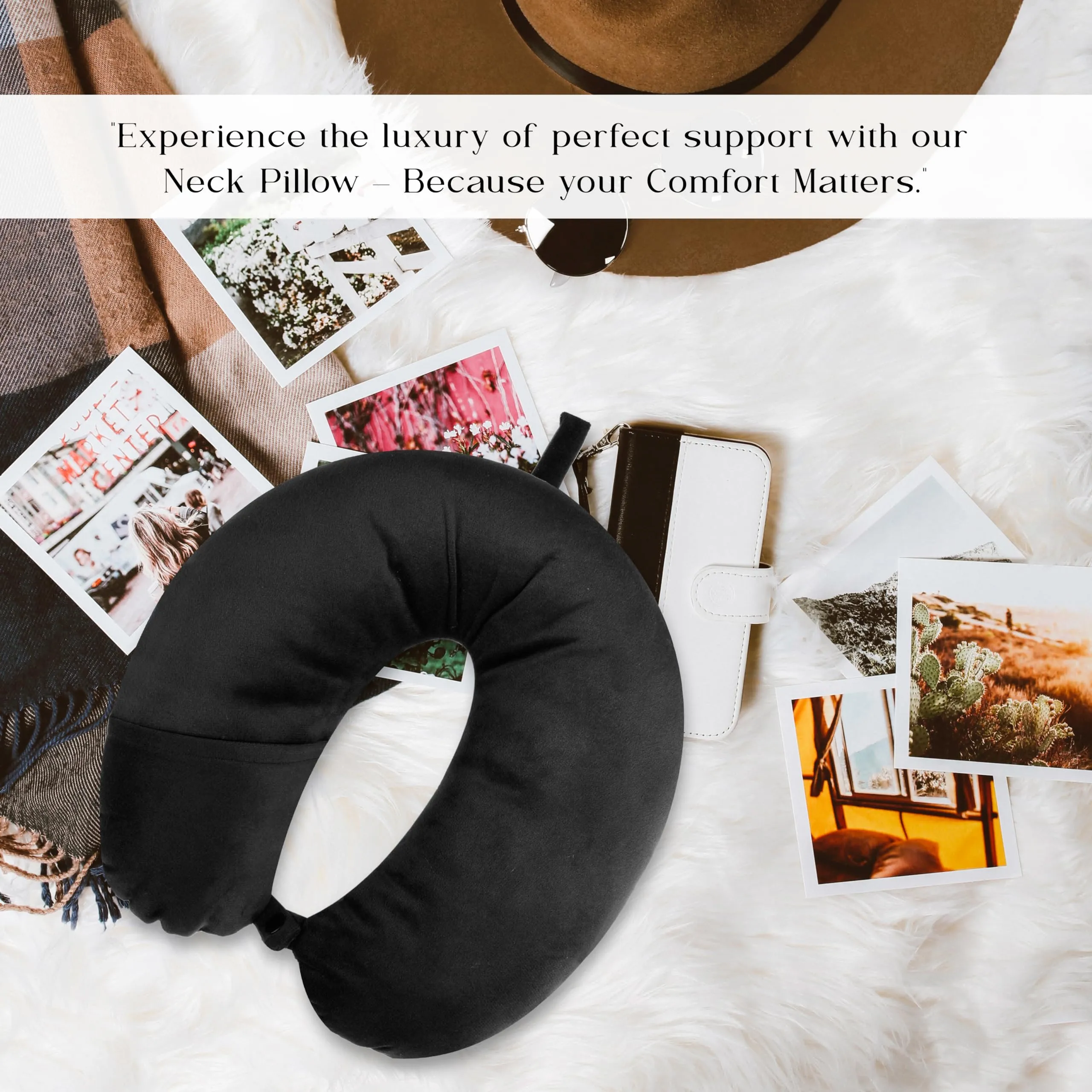 Urbane Home Travel Neck Pillow|Neck Support Rest Pillow|Velvet Cover With Microfiber Fillling (Black)