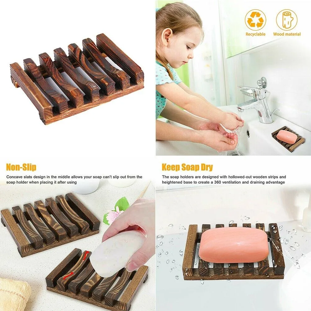 US 4-8 Pack Wooden Bamboo Soap Holder Dish Tray Multi Use Storage Case Container