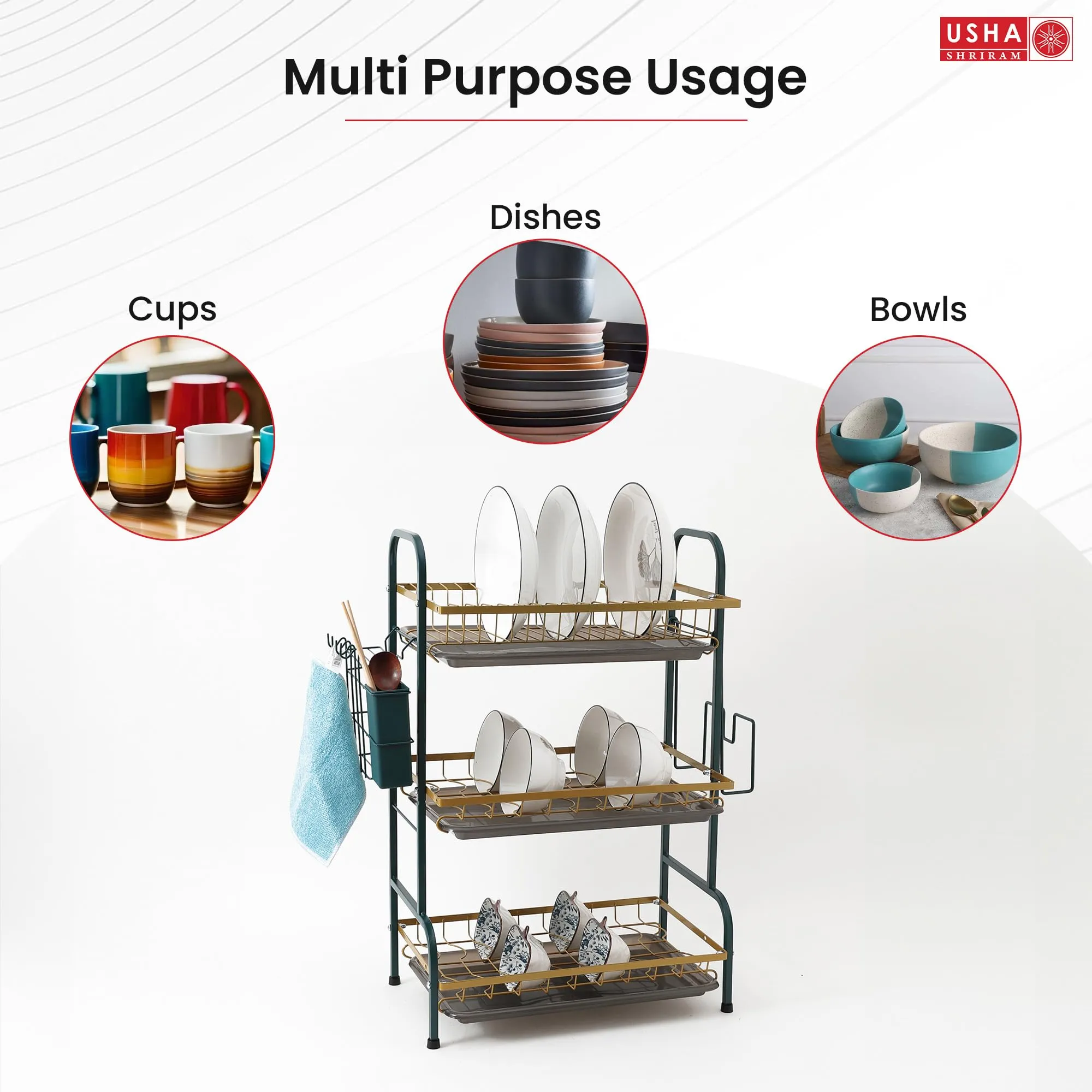 USHA SHRIRAM 3 Layer Carbon Steel Plate Bowl Holder(5Pcs) | Sink Organiser In Kitchen | Spoon Knife Holder | Utensil Dish Organiser For Kitchen With Spoon Knife Holder Hooks | Kitchen Sink Organiser