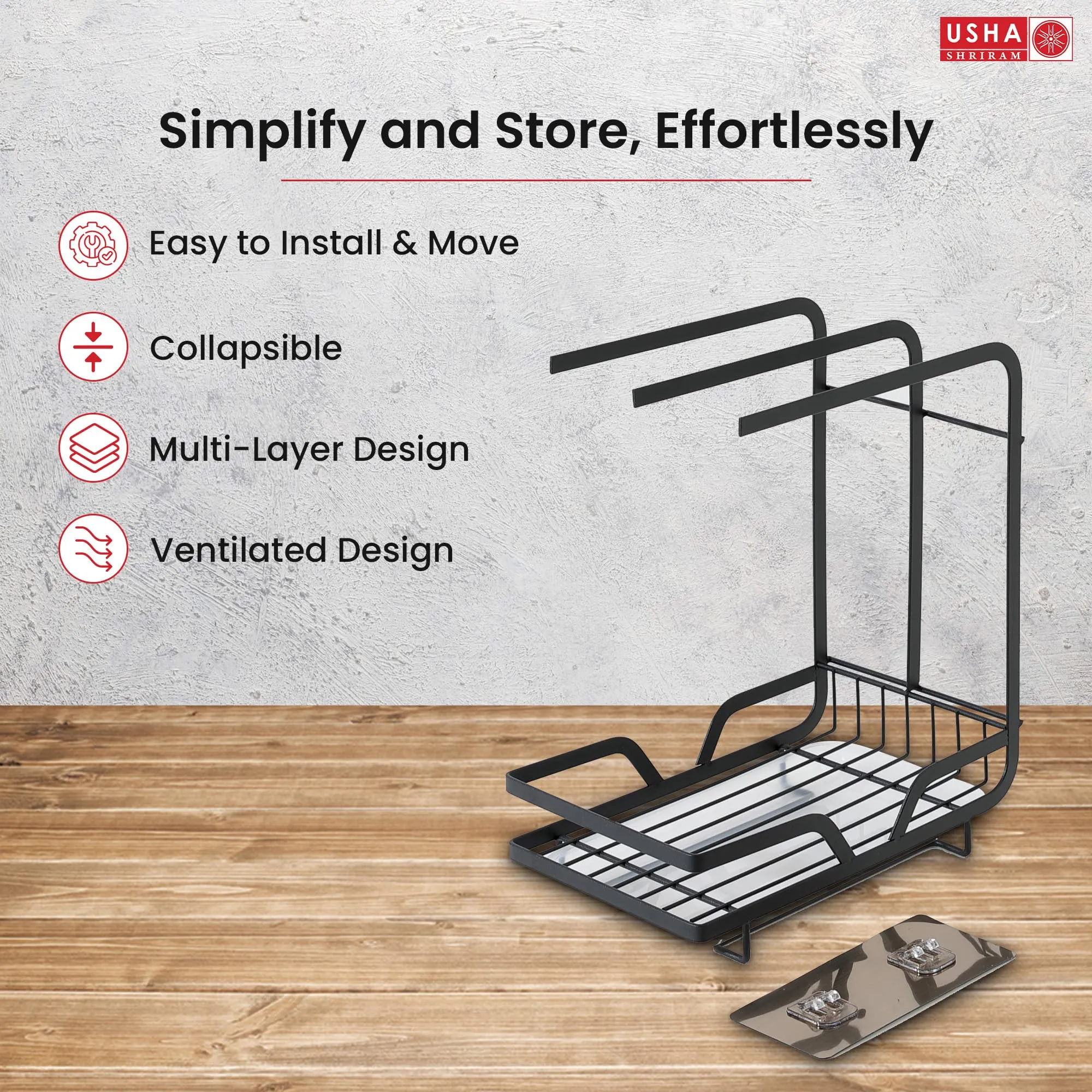 USHA SHRIRAM Carbon Steel Bathroom Organiser Stand (3Pcs) | Kitchen Sink Organiser | Kitchen Organiser Space Saver | Kitchen Bothroom Towel Holder | Psoap Holder For Kitchen Sink | Black