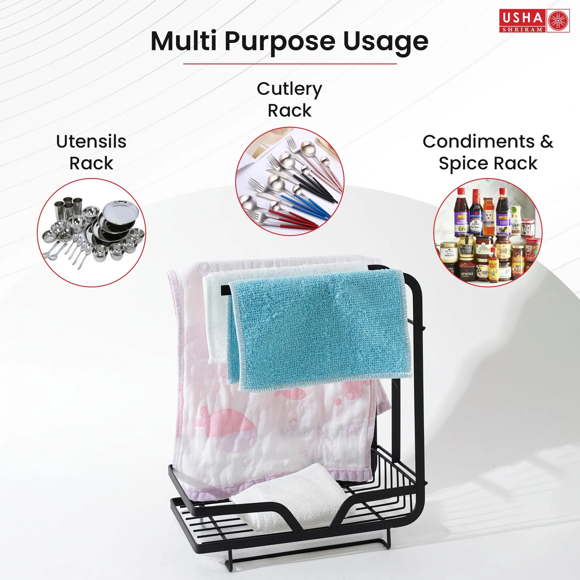 USHA SHRIRAM Carbon Steel Bathroom Organiser Stand (5Pcs) | Kitchen Sink Organiser | Kitchen Organiser Space Saver | Kitchen Bothroom Towel Holder | Psoap Holder For Kitchen Sink | Black