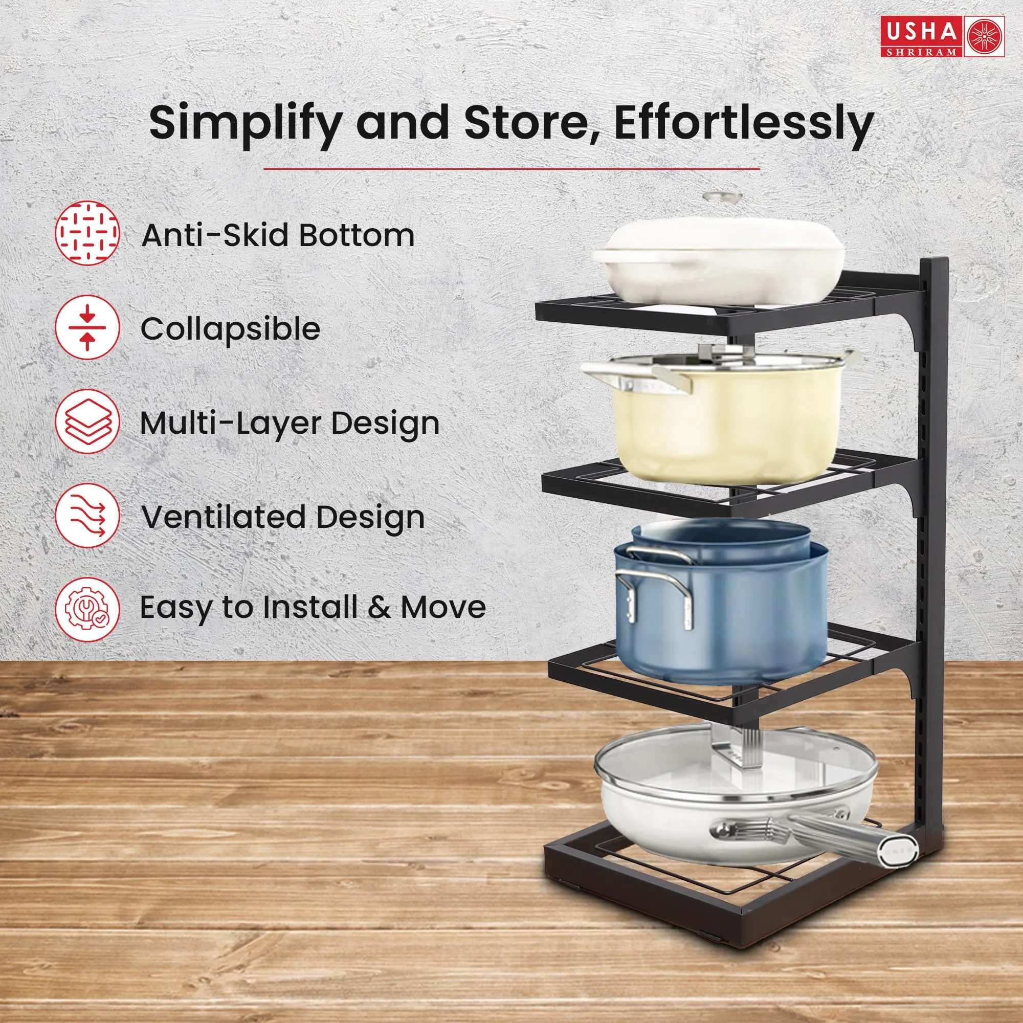 USHA SHRIRAM Carbon Steel | Dish Organiser For Kitchen | Kitchen Side Rack Organiser | Kadai Pan Organiser Rack For Kitchen | Kitchen Appliances Organiser | itchen Shelf Organiser (Pack of 3, 4 Layer)